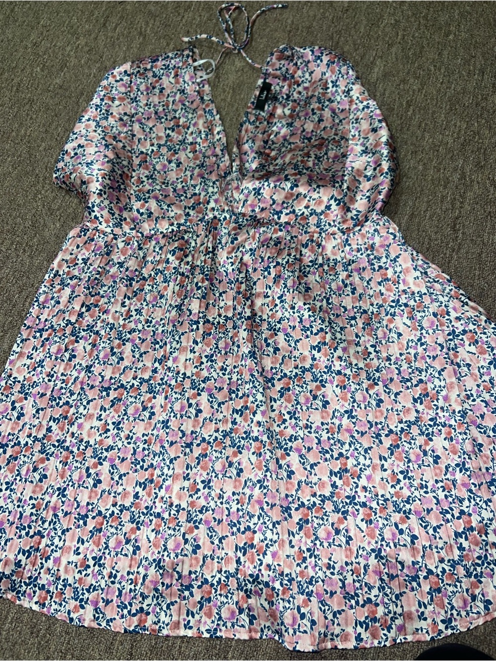 Lulu's Pink Floral Halter Sundress with Navy Accents